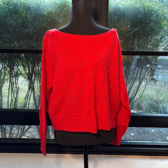 Hollister Heart Print Off the Shoulder Sweater - Red NWT - Picture 2 of 6